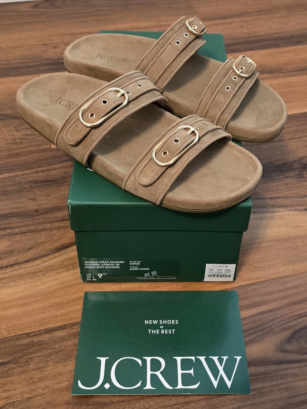 J. Crew Kyra Double Strap Suede Buckle Sandals — Taupe, Size 9.5, New In Box